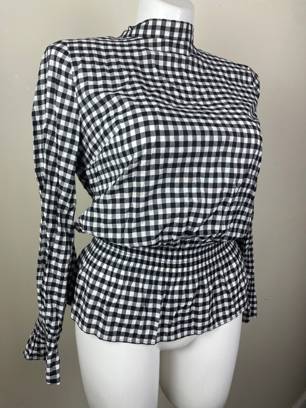 High Neck Smocked Waist Gingham Long Sleeve